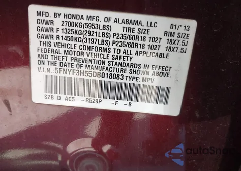 2013 Honda Pilot Ex-L из США, поврежденный, VIN 5FNYF3H55DB018083